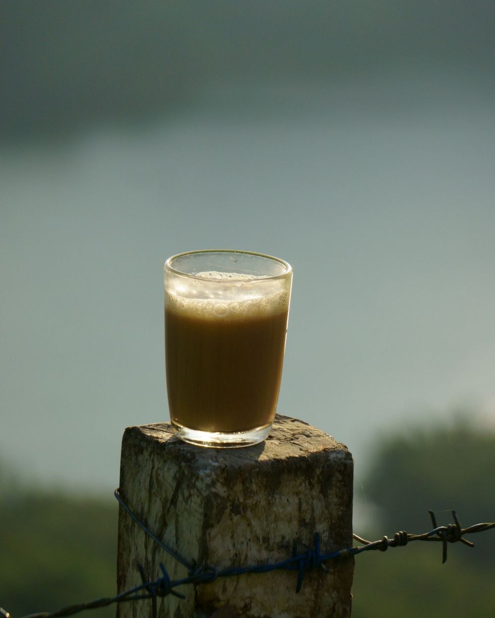 A glass of tea on a fence post in the fields